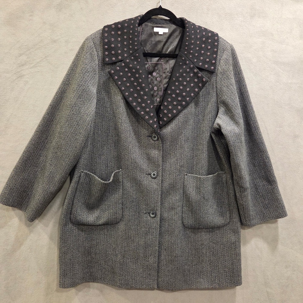 Way Herringbone Wool Blend Coat Women's Large‎ Retro Office Classic Winter Warm